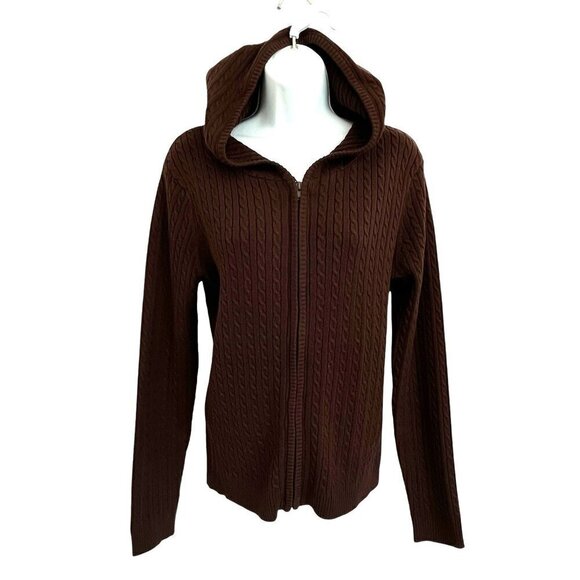 525 America Sweaters - Womens Brown Ribbed Cable Knit Hooded Sweater Small Zip Dark Academia 90s Y2K
